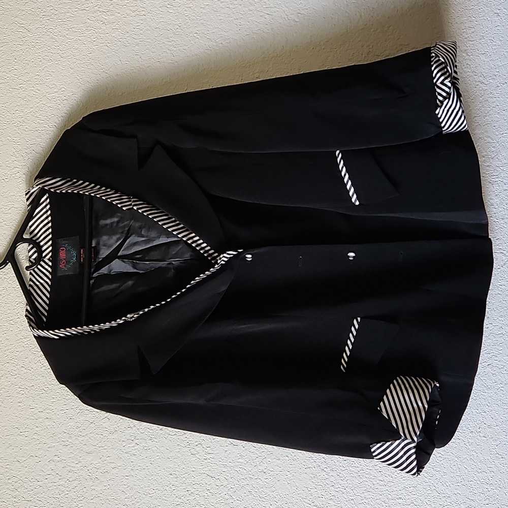 AS•HRO Womens Vintage Blazer Black w/ Striped Black n White Satin Trim Sz 26 EUC